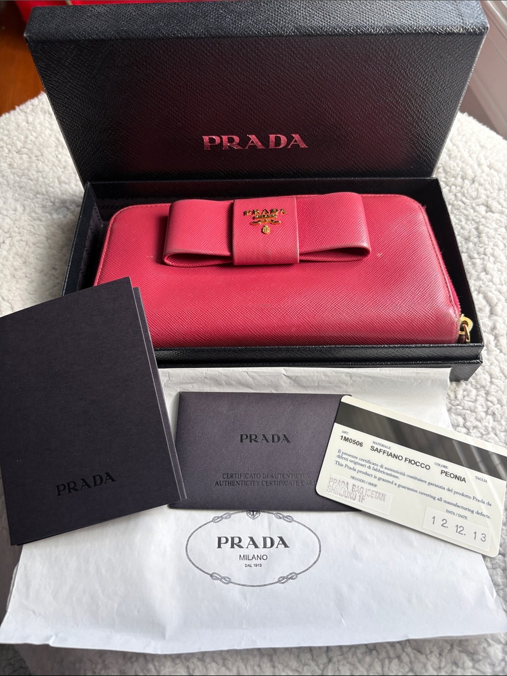 🔥 PRADA Saffiano Fiocco Leather Bow Zip Wallet Peonia Pink 1M0506 Complete Set